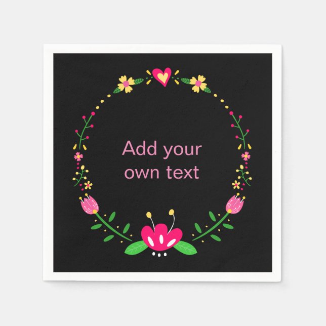 Custom Text Floral Wreath on Black Napkin (Front)