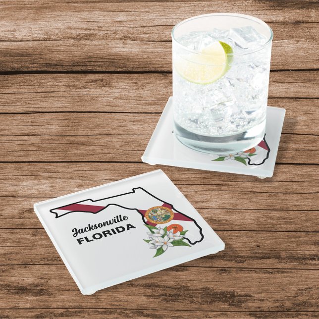 Custom Text Florida Flag & Flower Orange Blossom Glass Coaster (Creator Uploaded)