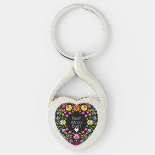 Custom text, folklore flowers heart key ring