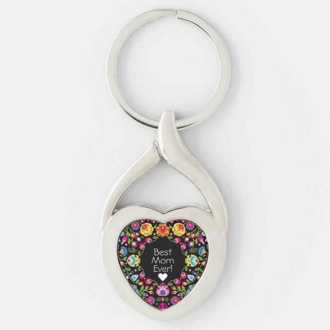 Custom text,  folklore flowers  heart key ring (Front)