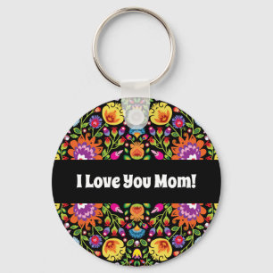 Custom text Folklore flowers Wycinanki black  Key Ring