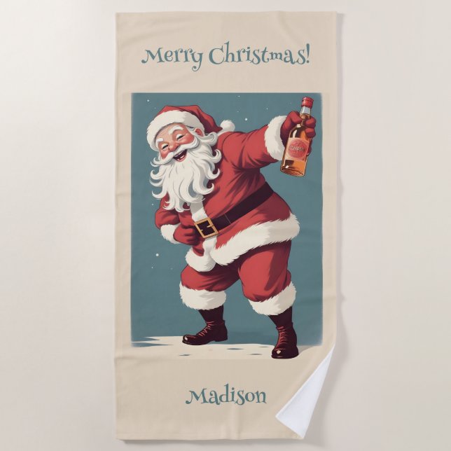 Custom Text Funny Drunk Santa Beach Towel (Front)