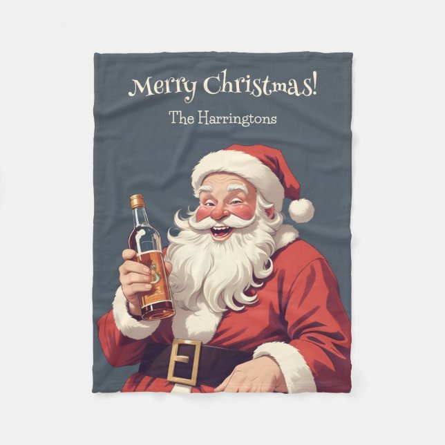 Custom Text Funny Drunk Santa Fleece Blanket (Front)
