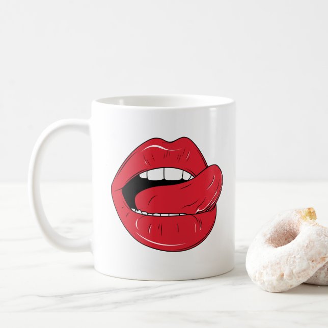 Custom Text Funny Red Lips Cartoon Mouth Coffee Mug (With Donut)