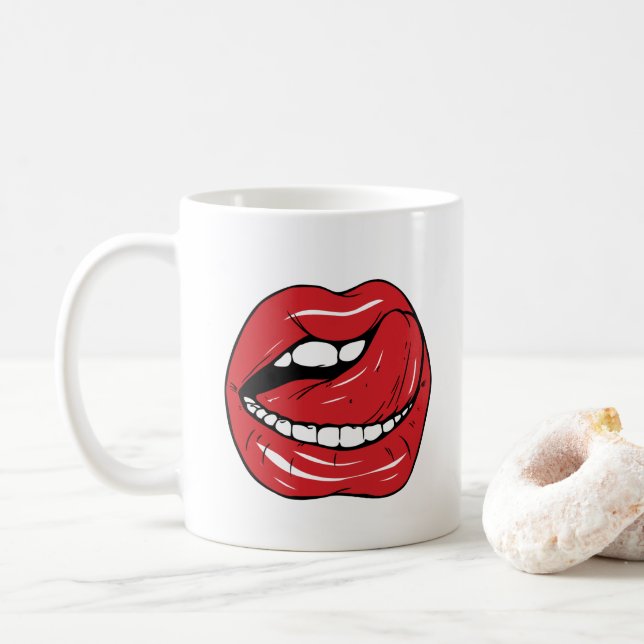 Custom Text Funny Red Lips Cartoon Mouth Coffee Mug (With Donut)