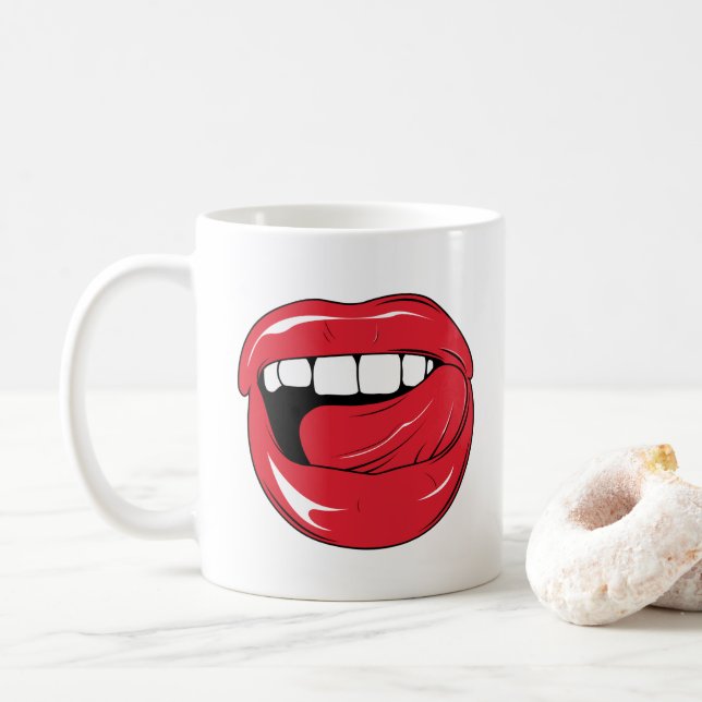 Custom Text Funny Red Lips Cartoon Mouth Coffee Mug (With Donut)