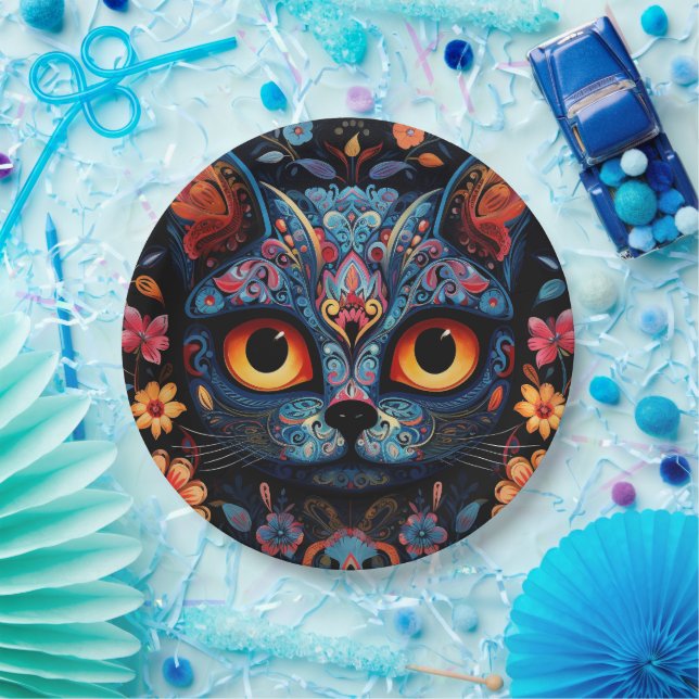 Custom text 💀😺 Gato De Los Muertos Paper Plate (Party)