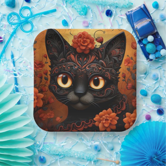 Custom text 💀😺 Gato De Los Muertos Paper Plate (Party)
