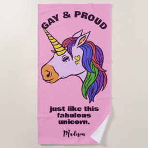Custom Text Gay Unicorn Beach Towel