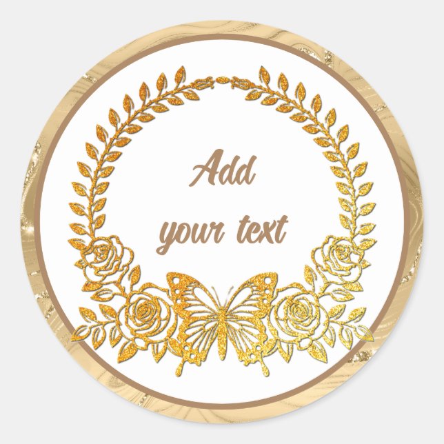 Custom Text, Gold Butterfly and Flower Classic Round Sticker (Front)
