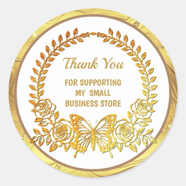 Custom Text, Gold Butterfly and Flower Classic Round Sticker (Front)
