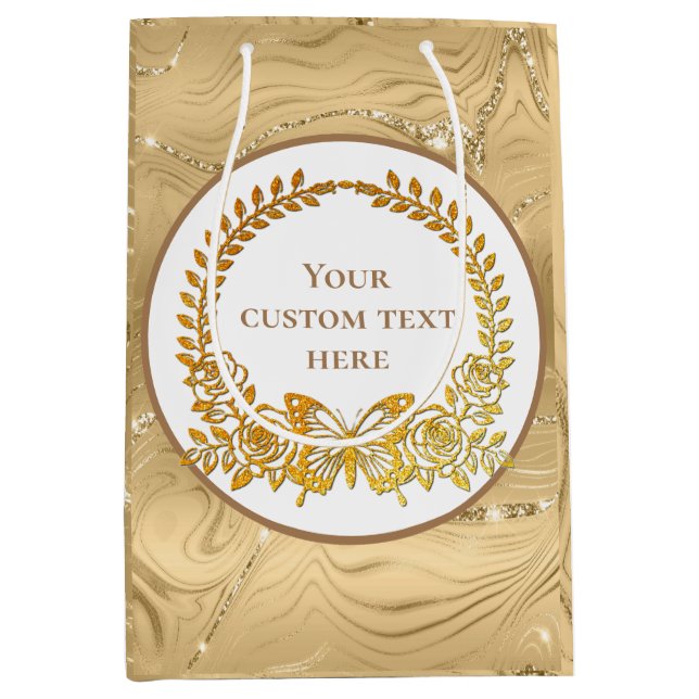 Custom Text, Gold Butterfly and Flower Medium Gift Bag (Front)