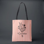 Custom Text Grandma Peach Stripe Floral Elegant   Tote Bag<br><div class="desc">An elegant peach tote bag tote for grandma that can be customised to reflect various names grandmas go by: Gigi, Nana, Nonna, Granny and many more. The tote bag is a peach and white stripe with black handles and flower design. There is space on the floral design with text on...</div>