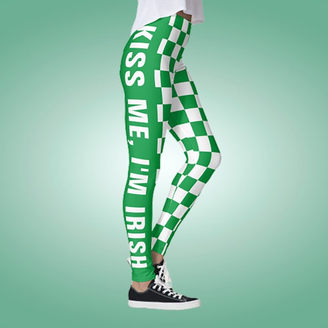 Custom Text Green And White Checkered Flag Pattern Leggings (Creator Uploaded)