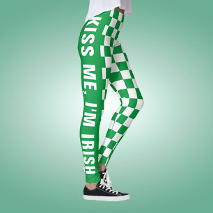 Custom Text Green And White Chequered Flag Pattern Leggings
