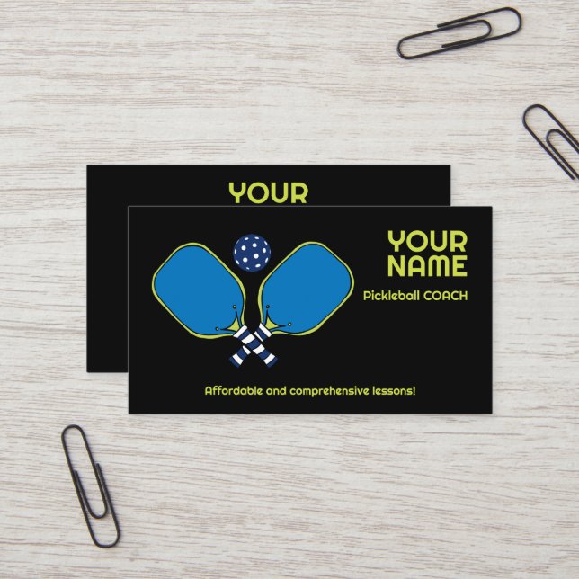 Custom text green & blue Pickleball  Business Card (Front/Back In Situ)