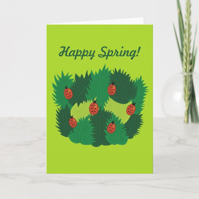 Custom Text Green Leaves And Ladybugs Happy Spring Card (Front)