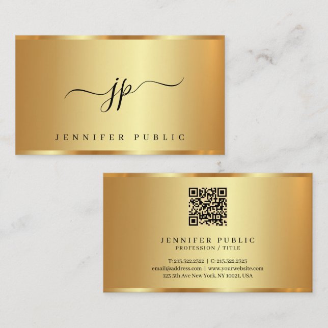 Custom Text Hand Script Monogram Glamour Gold Business Card (Front/Back)