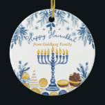 Custom text Hanukkah Harmony Keepsake Ceramic Tree Decoration<br><div class="desc">This charming Hanukkah ceramic circle ornament, named “Hanukkah Harmony Keepsake, ” is a delightful addition to any holiday decor. The front features an elegant menorah with glowing candles, surrounded by intricate blue and gold patterns of leaves and coins, evoking the festive spirit of Hanukkah. The graceful script “Happy Hanukkah” at...</div>
