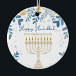 Custom text Hanukkah Harmony Ornament<br><div class="desc">This delightful Hanukkah ceramic circle ornament, named “Hanukkah Harmony Ornament, ” is a perfect addition to your holiday decor. It features a beautifully crafted menorah with glowing candles, set against a deep blue background adorned with intricate patterns of leaves and coins in shades of blue and gold. The elegant script...</div>