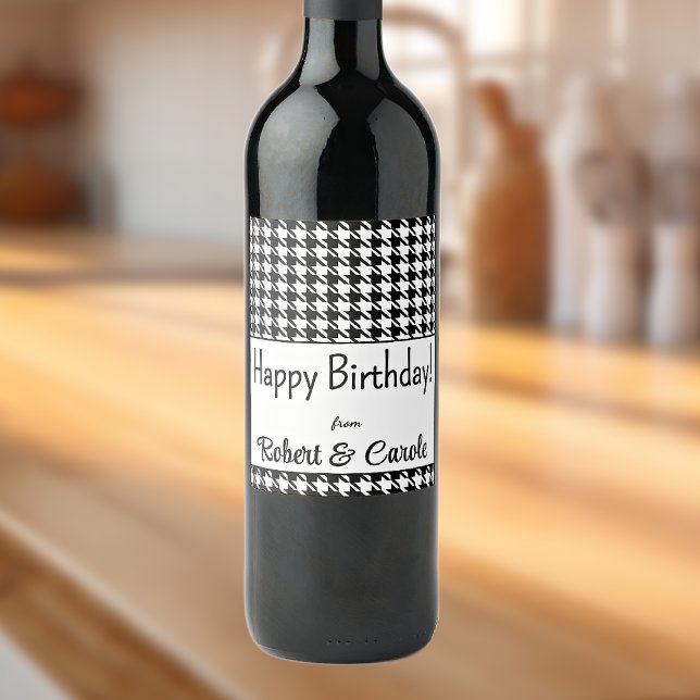 Custom Text, Happy Birthday Houndstooth (6) Wine Label (Creator Uploaded)