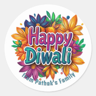 Custom text, Happy Diwali Floral Burst Classic Round Sticker