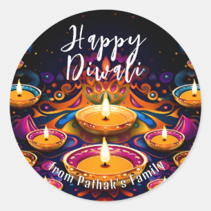 Custom text, Happy Diwali Multi‑Diyas Classic Round Sticker