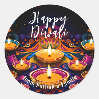 Custom text, Happy Diwali Multi‑Diyas Classic Round Sticker
