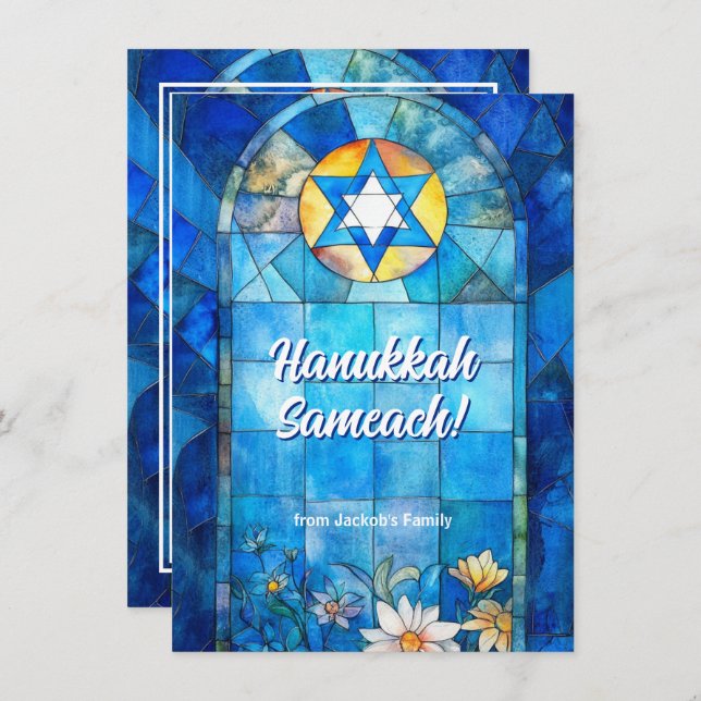 Custom text Happy Hanukkah, stained glass Holiday Card (Front/Back)