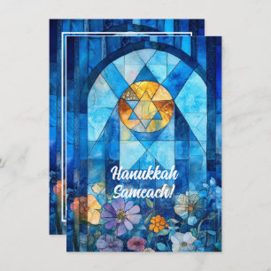 Custom text Happy Hanukkah, stained glass Holiday Card