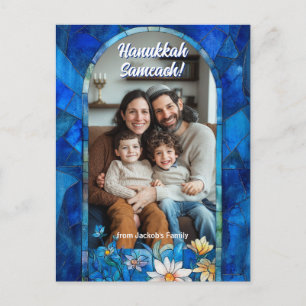 Custom text Happy Hanukkah, stained glass Postcard