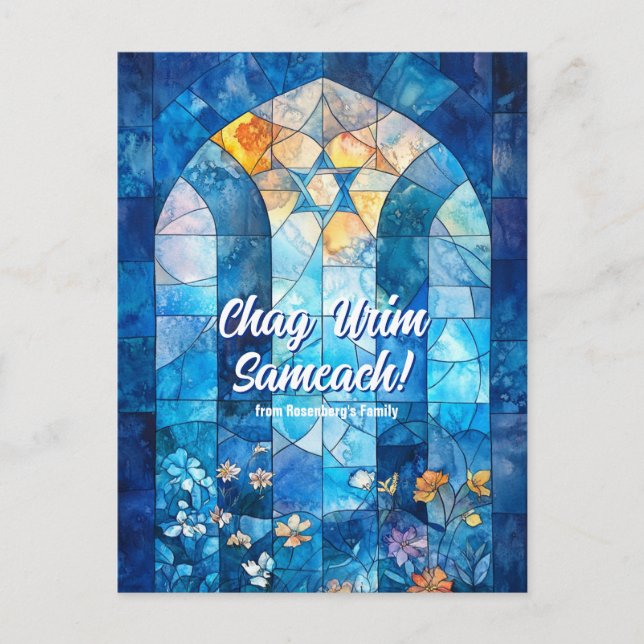 Custom text Happy Hanukkah, stained glass Postcard (Front)