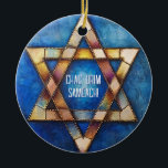 Custom text Happy Hanukkah✡️, Star of David Ceramic Tree Decoration<br><div class="desc">This delightful Hanukkah ceramic circle ornament, named “Festival of Lights Harmony, ” is a perfect addition to your holiday decor. It features a beautifully crafted Star of David in a stained glass style with rich hues of blue, gold, and brown, creating an elegant mosaic effect. In the centre, bold white...</div>