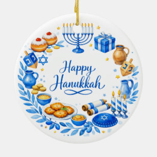 Custom text Happy Hanukkah Wreath Ceramic Tree Decoration
