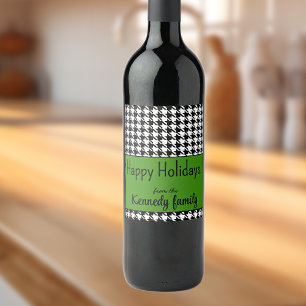 Custom Text, Happy Holidays Green Houndstooth (6) Wine Label