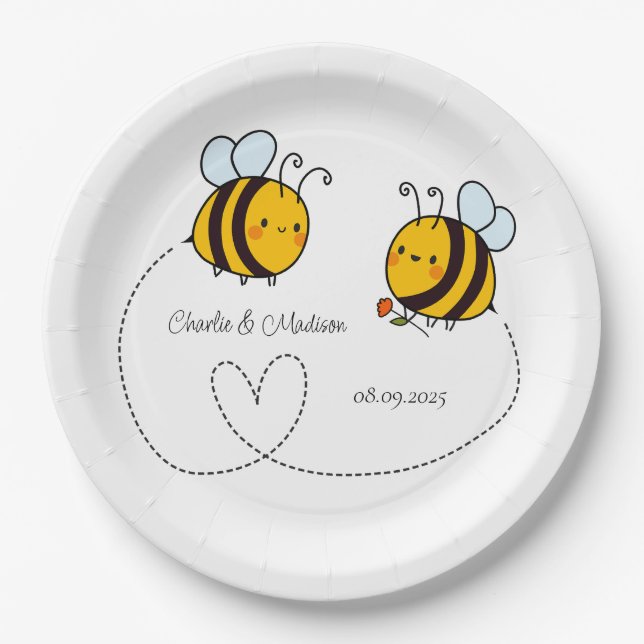 Custom Text Happy Love Bees Paper Plate (Front)