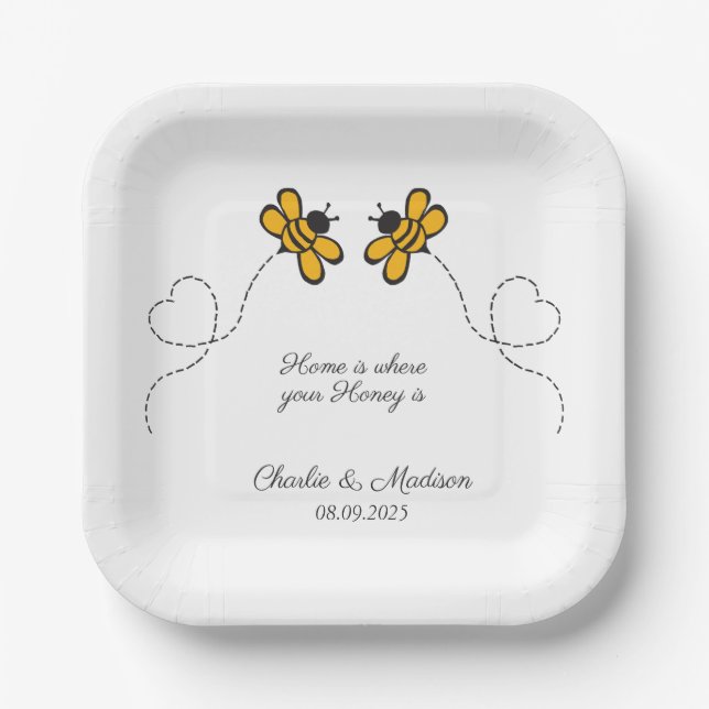 Custom Text Happy Love Bees Paper Plate (Front)
