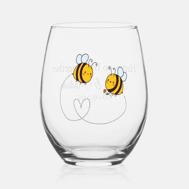 Custom Text Happy Love Bees Stemless Wine Glass (Front)