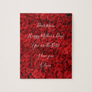 Custom Text Happy Mother's Day Red Roses Romantic Jigsaw Puzzle