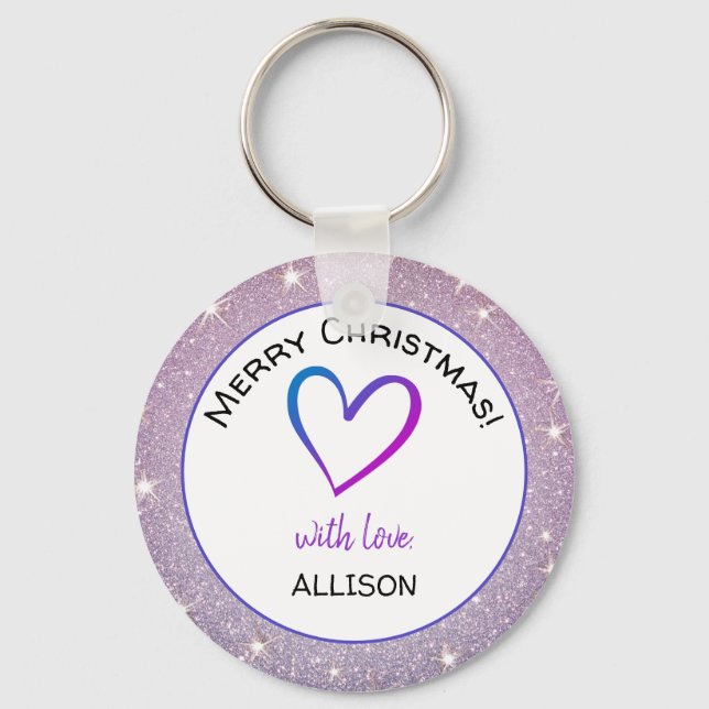 Custom Text Heart Light Purple Glitter Pastel Cute Key Ring (Front)
