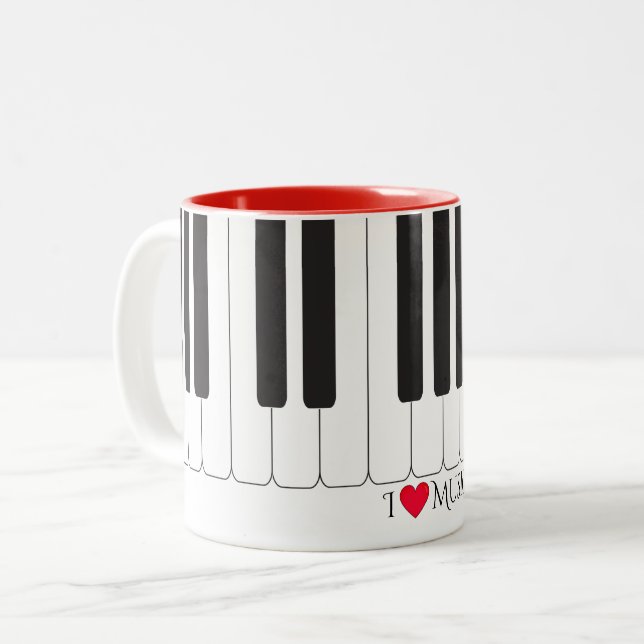 Custom text "I ❤️ Music" piano keys design Two-Tone Coffee Mug (Front Left)