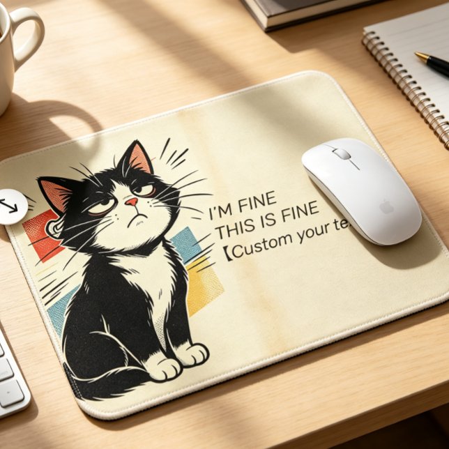 Custom Text I'm Fine This Is Fine Sarcastic Cat Mo Mouse Mat (Sarcastic vintage comic cat mouse pad featuring “I'm Fine This Is Fine”. Add your custom text for a )