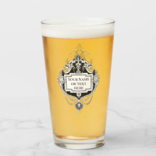 Custom text in fancy mortise cut Pint Glass