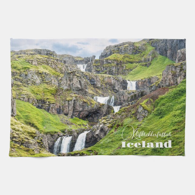Custom Text Klifbrekkufossar, Iceland Tea Towel (Horizontal)