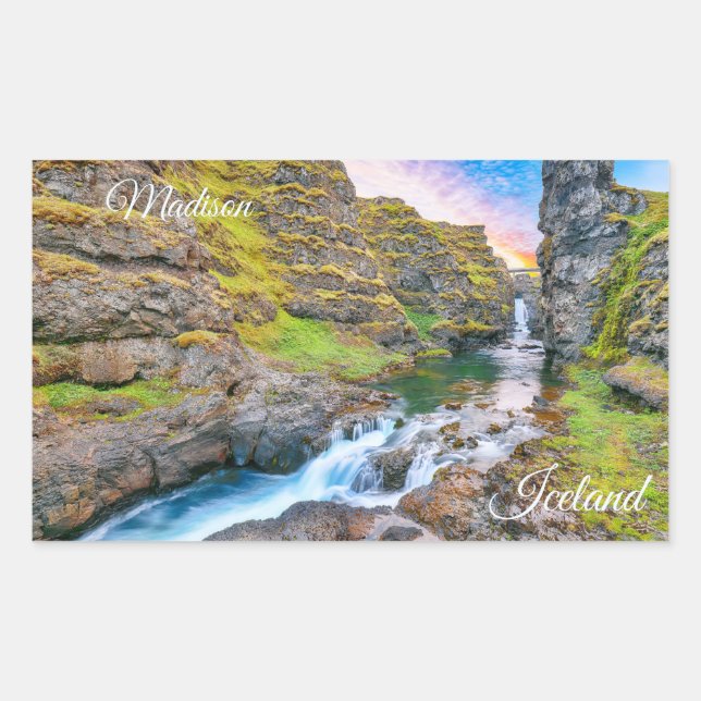 Custom Text Kolufossar Waterfalls, Iceland Rectangular Sticker (Front)
