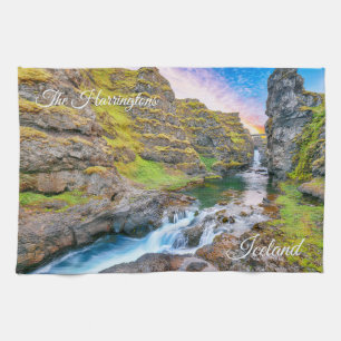Custom Text Kolufossar Waterfalls, Iceland Tea Towel