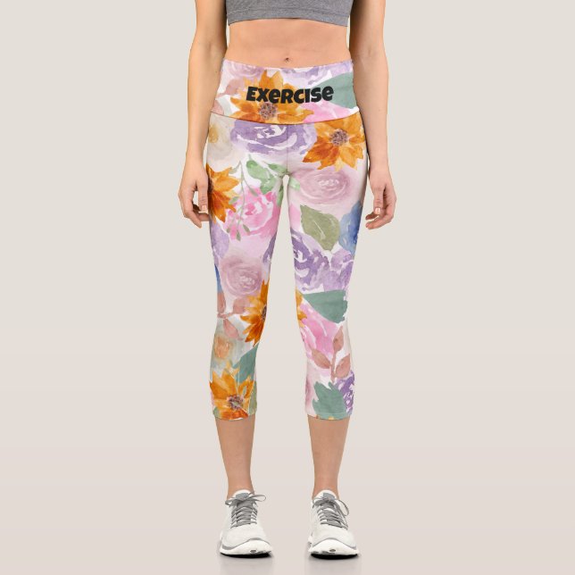 Custom text l Modern and beautiful floral l Pink Capri Leggings (Front)