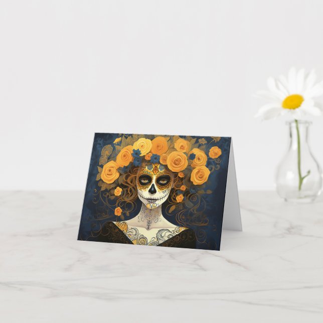 Custom text 💀  La Calavera Catrina with flowers Card (Small Plant)