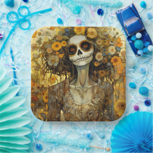 Custom text 💀 La Calavera Catrina with flowers Paper Plate