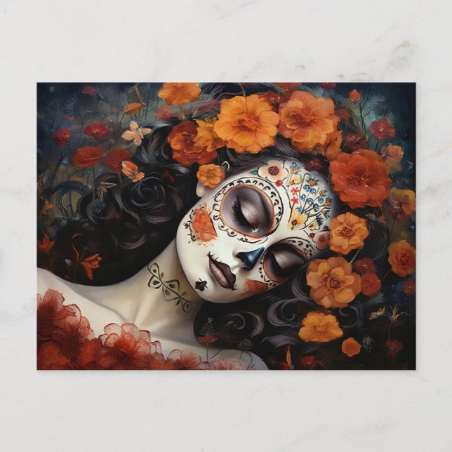 Custom text 💀  La Calavera Catrina with roses Postcard (Front)